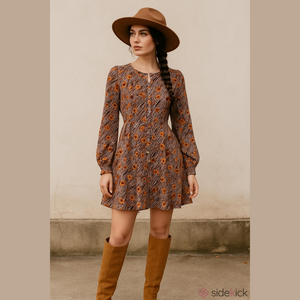 Vintage Peggy Lane Arnel Retro MidCentury Patterned Long Sleeve Silky Dress-38